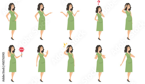 Caucasian pregnant woman vector illustrations set.