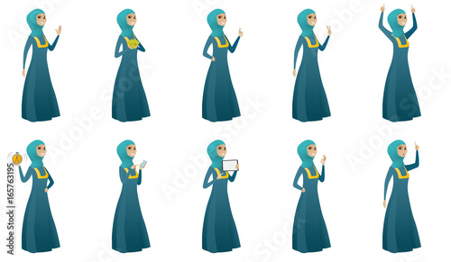 Muslim business woman vector illustrations set.