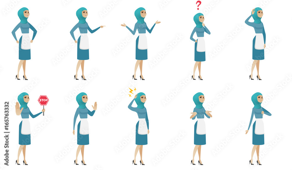 Young muslim cleaner vector illustrations set. Young muslim cleaner vector illustrations set.