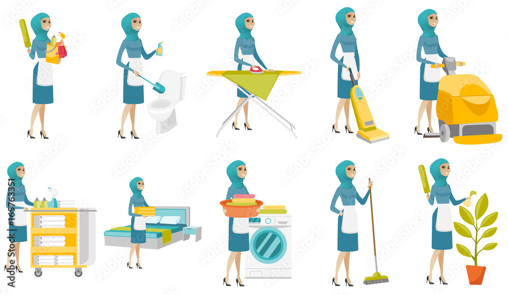 Young muslim cleaner vector illustrations set.