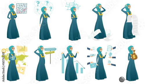 Muslim business woman vector illustrations set.