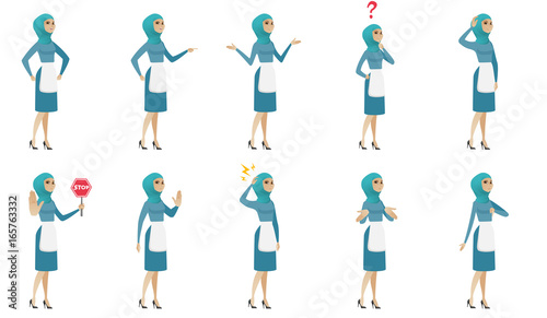 Young muslim cleaner vector illustrations set.
