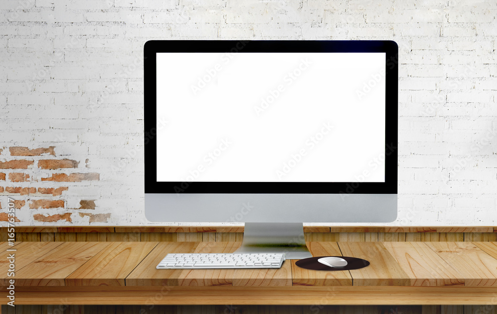 Fototapeta premium Mock up : Comfortable workplace with modern desktop computer. Blank screen for graphic display montage.