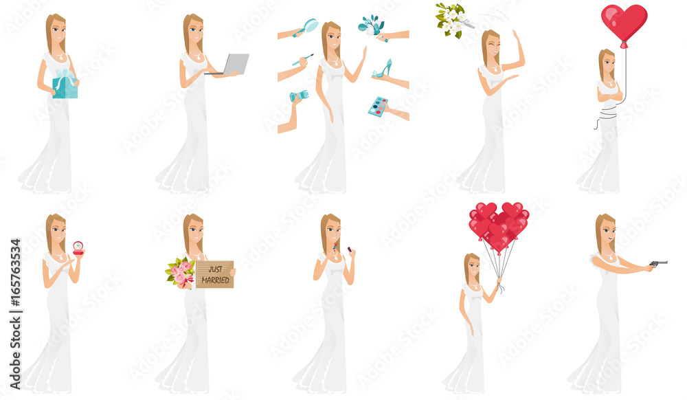 Vector set of illustrations with bride character.