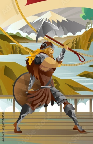 viking with axe in ship in scandinavia mountain