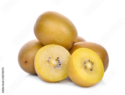whole and half of yellow or gold kiwi fruit isolated on white background