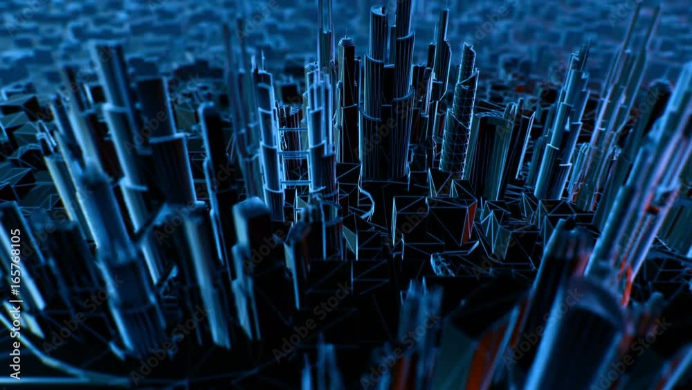 Computer generated background with camera flying above virtual city buildings illuminated with blue Computer generated background with camera flying above virtual city buildings illuminated with blue