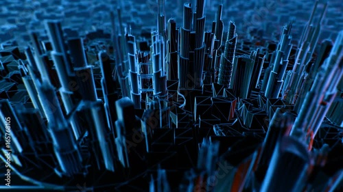 Computer generated background with camera flying above virtual city buildings illuminated with blue