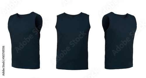 dark blue sleeveless T-shirt. t-shirt front view three positions on a white background