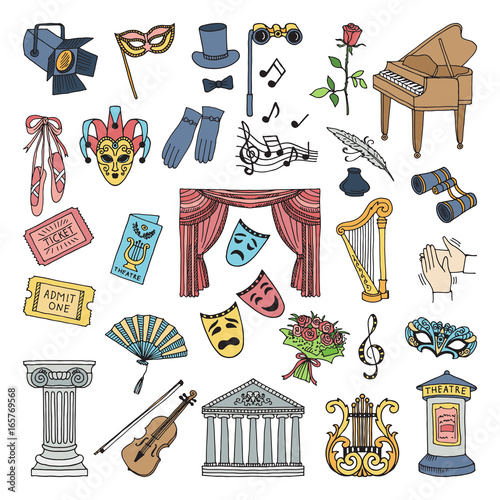 Colored symbols of theatre. Ballet and opera vector icons set isolate