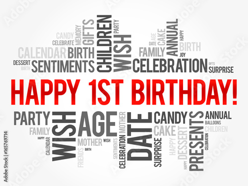 Happy 1st birthday word cloud collage concept