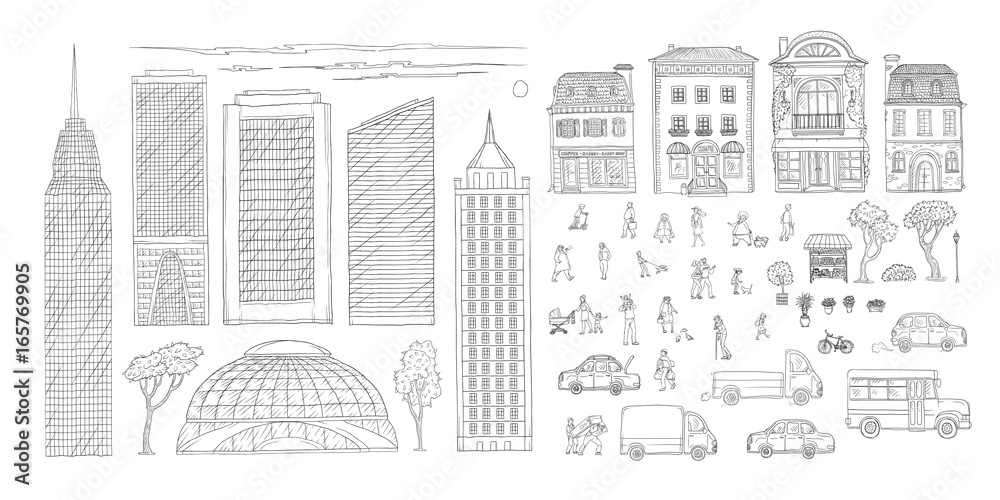 Vector set sketch contour doodle illustration urban street in the historic European city, truck and cars. Kit of outdoor plants and flowers, children and adult characters, skyscrapers in the megacity.