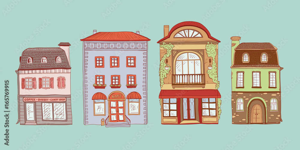 Vector coloured set of contour sketch illustration of vintage European homes. Kit shops and cafes of the old city buildings. Cartoon ancient architectural structures. Painted freehand doodle drawing.