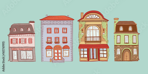 Vector coloured set of contour sketch illustration of vintage European homes. Kit shops and cafes of the old city buildings. Cartoon ancient architectural structures. Painted freehand doodle drawing.