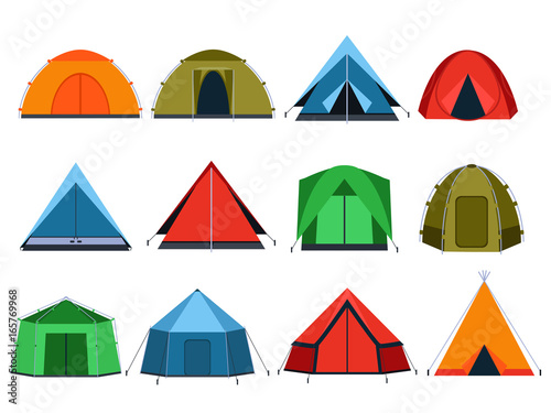 Different tourists tents for camping. Vector pictures in flat style
