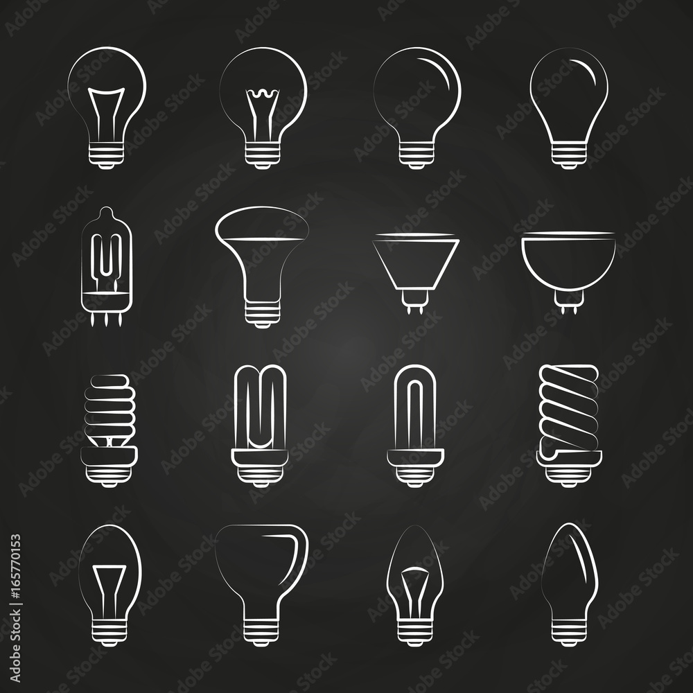 Light bulbs hand drawn icons on chalkboard