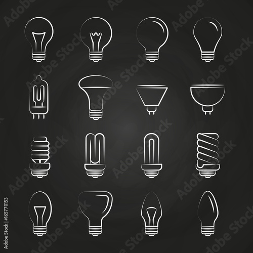 Light bulbs hand drawn icons on chalkboard