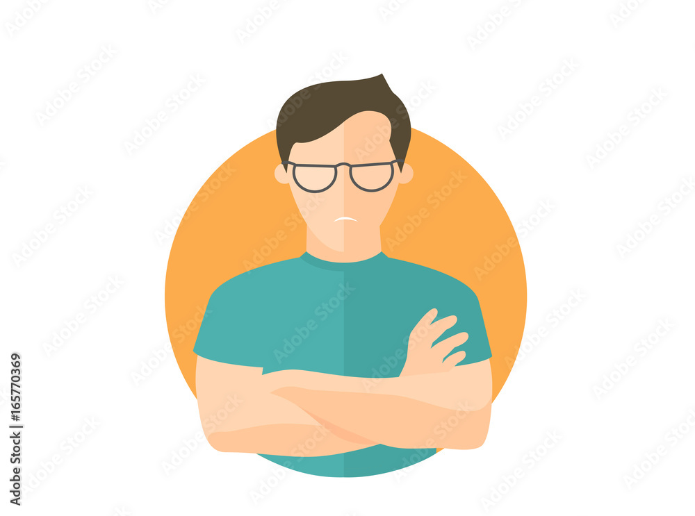 Sullen and gloomy handsome man in glasses, offended guy. Flat design icon. Morose, moody emotion. Simply editable isolated on white vector sign Sullen and gloomy handsome man in glasses, offended guy. Flat design icon. Morose, moody emotion. Simply editable isolated on white vector sign