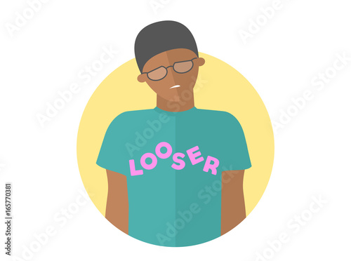 Weak, sad, depressed black boy in glasses. Flat design icon of man with looser lettering. Handsome african man with feeble depression emotion. Simply editable isolated on white vector sign