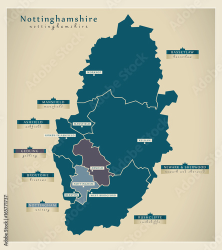 Modern Map - Nottinghamshire county with district labels England UK illustration