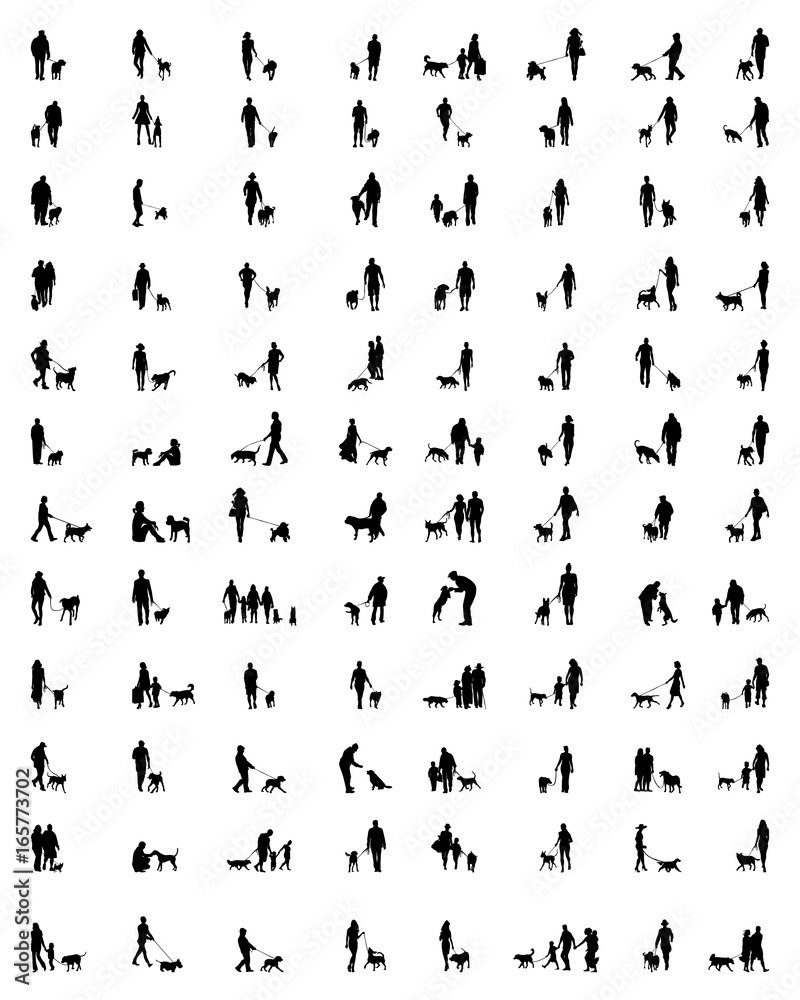 Black silhouettes of people with dog on a white background