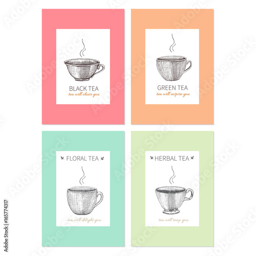 Collection of templates for packaging tea, coffee, sketched cups and text, hand drawn illustration, Design for label, banner, poster, identity, branding,healthy magazines, web sites, restaurant menu