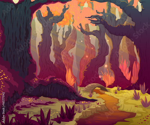 Autumn forest landscape with trees, river and bridge. Cartoon fairytale scenery background. Vector illustration.