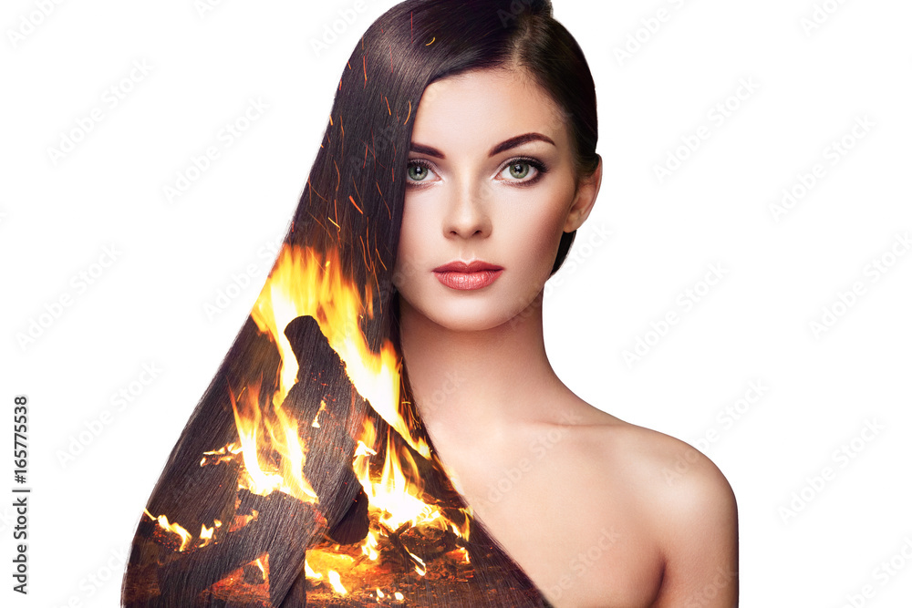 Double exposure photo of beautiful woman with long hair. Girl with ...