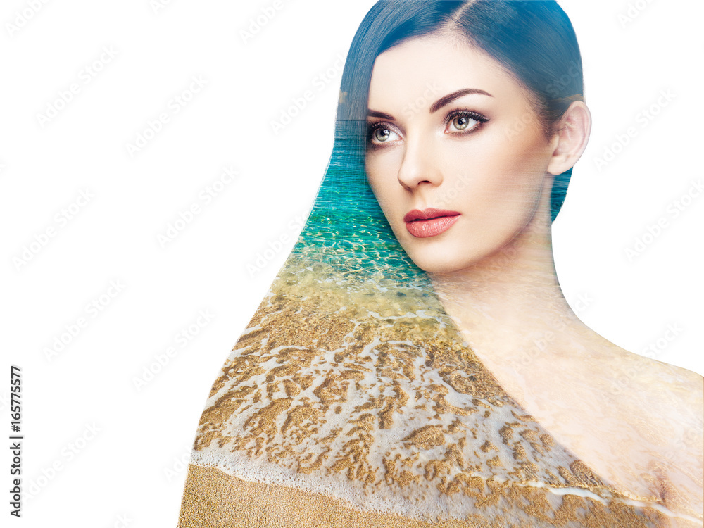 Double exposure photo of beautiful woman with long hair. Girl with ...