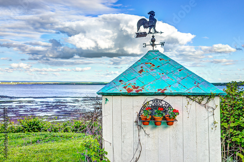 Blue green turquoise painted shed house with rooster compass on top in summer landscape French countryside by river photo