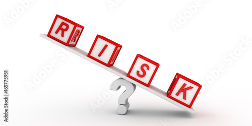 Risk cubes balancing on question. 3D rendering.