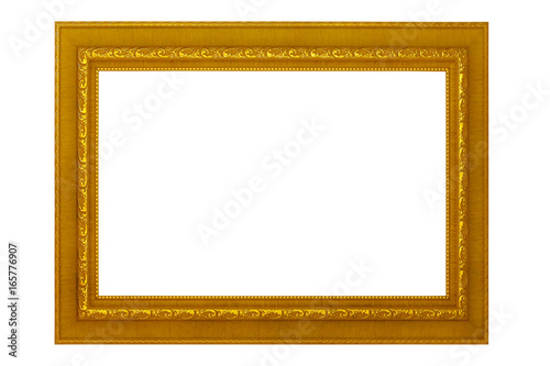 Picture frame isolated on white background, empty antique golden frame for painting or photo.