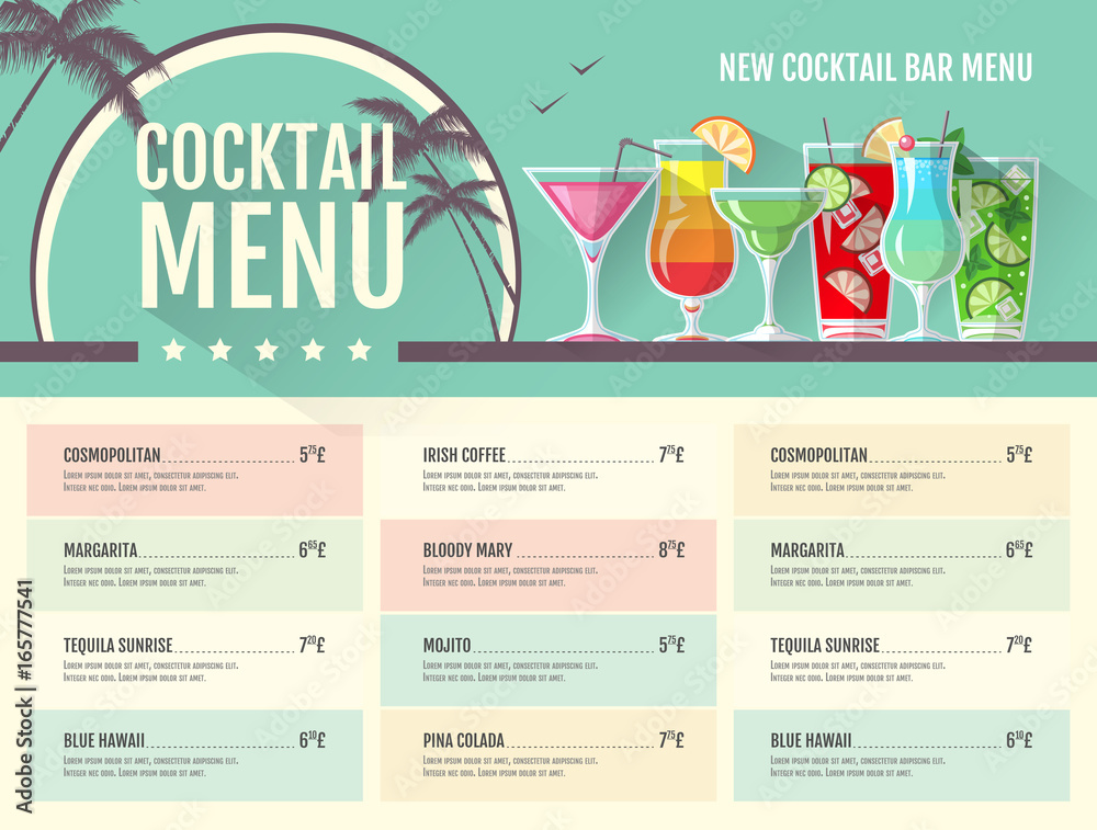 Flat style cocktail menu design