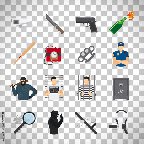Crime icons set on transparent background