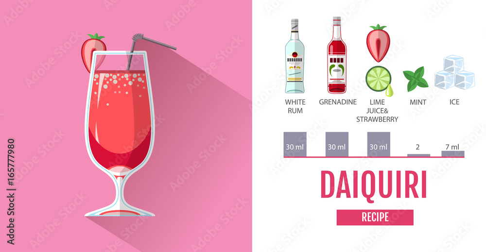 Flat style cocktail menu design. Cocktail daiquiri recipe Flat style cocktail menu design. Cocktail daiquiri recipe