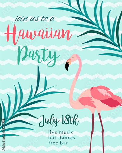 Tropical Floral Poster with flamingo - for Invitation, Wedding, Baby Shower Card