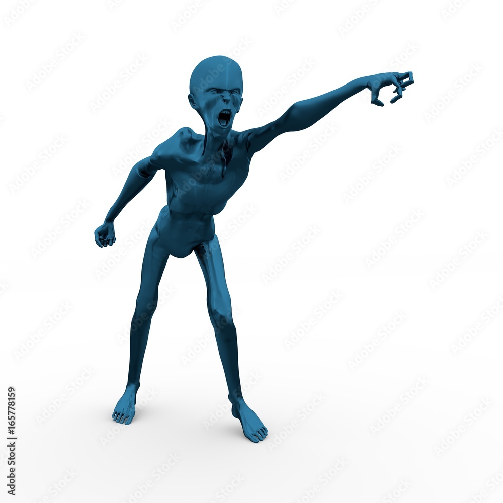 Posing horrified zombie. Dark blue metallic material skin. 3D rendering