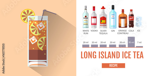 Flat style cocktail menu design. Cocktail long island ice tea recipe