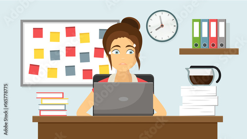 Frau hat Stress auf der Arbeit Flat Design Vektor Grafik Illustration