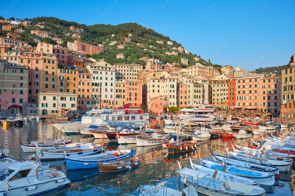 Camogli typical village with colorful houses and small harbor in Italy, Liguria at sunset