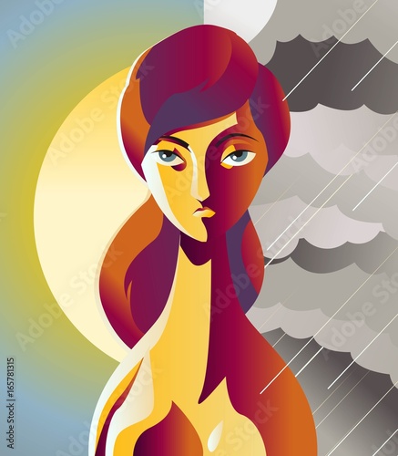 bipolar woman on a clearly sun sky and a storm background
