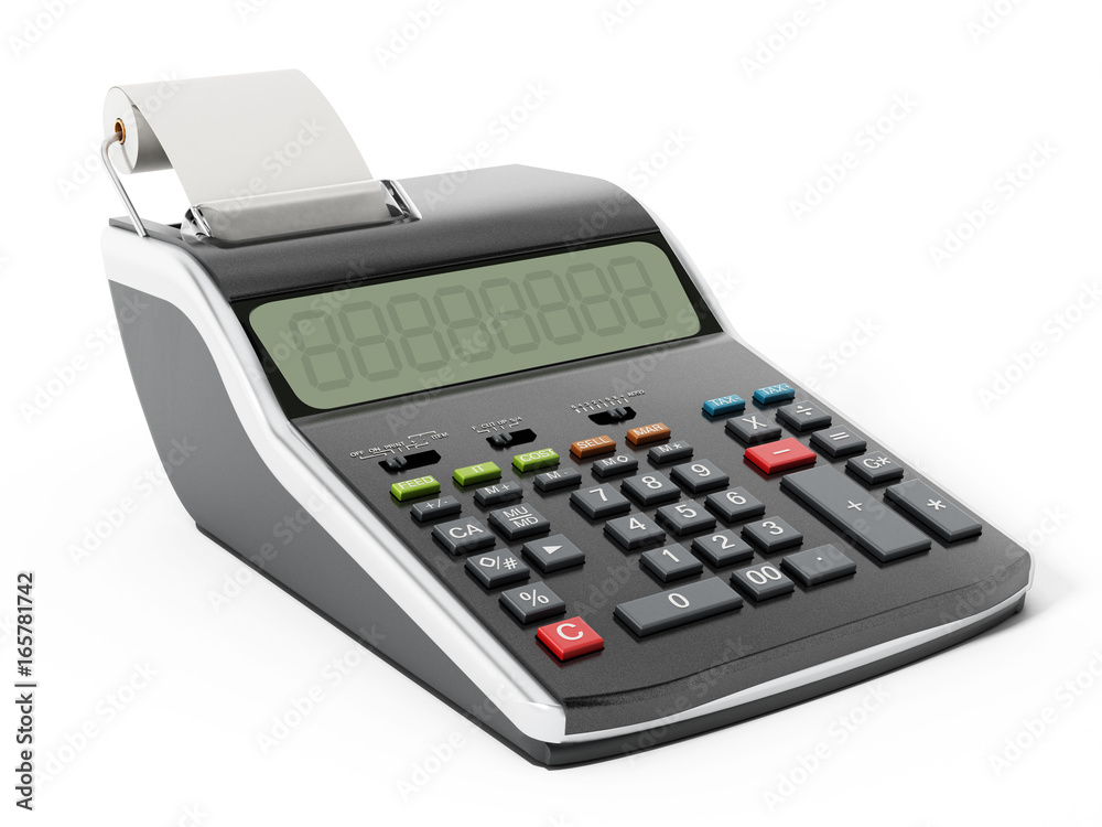 Print calculator isolated on white background.3 D illustration Print calculator isolated on white background.3 D illustration
