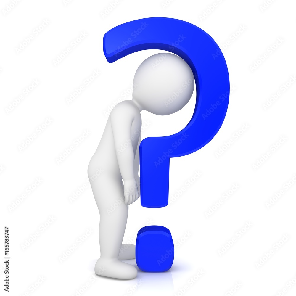 question mark blue 3d interrogation point asking sign punctuation mark with sad worried uncertain stick man isolated on white background question mark blue 3d interrogation point asking sign punctuation mark with sad worried uncertain stick man isolated on white background