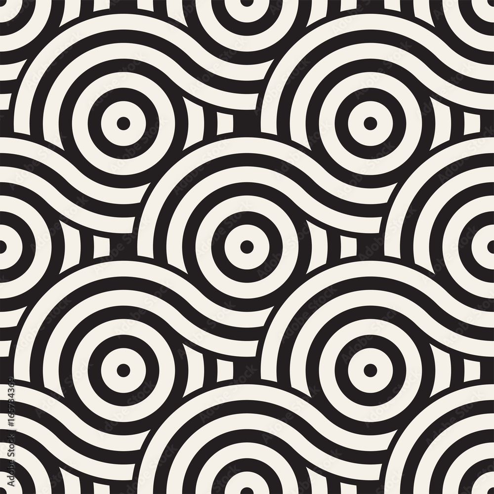 Obraz premium Vector seamless geometric pattern composed with circles and lines. Modern stylish rounded stripes texture. Repeating abstract background