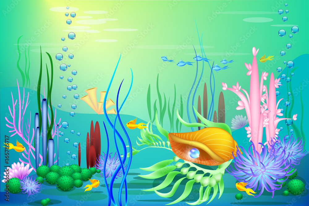 Vector Undersea world with a golden seashell and fish. Different seaweeds and a blue pearl