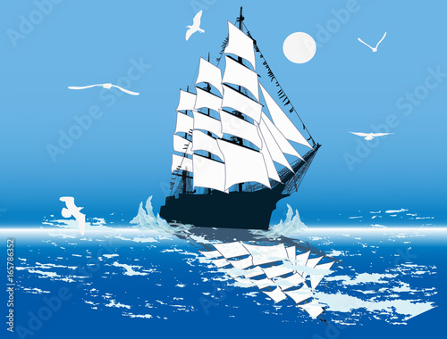 gulls above ship with white sails in blue sea