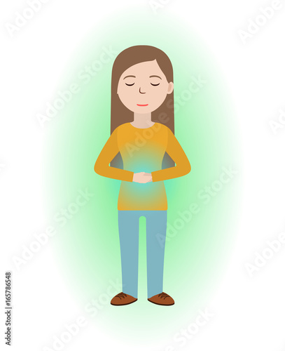 Energetic healing. Girl heal herself with energy field. Pranic healing. Alternative medicine concept. Vector illustration.