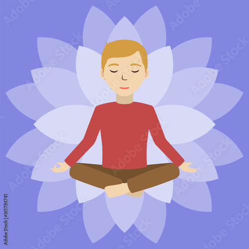 Energetic healing. Man heal himself with energy field. Pranic healing. Man in deep meditating consciousness. Alternative medicine concept. Vector illustration.