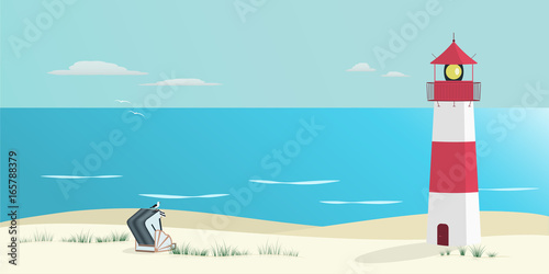 Summer landscape. North Sea at the beach with lighthouse, roofed wicker beach chair and sea gull.