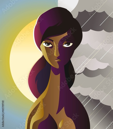 african bipolar woman on a clearly sun sky and a storm background